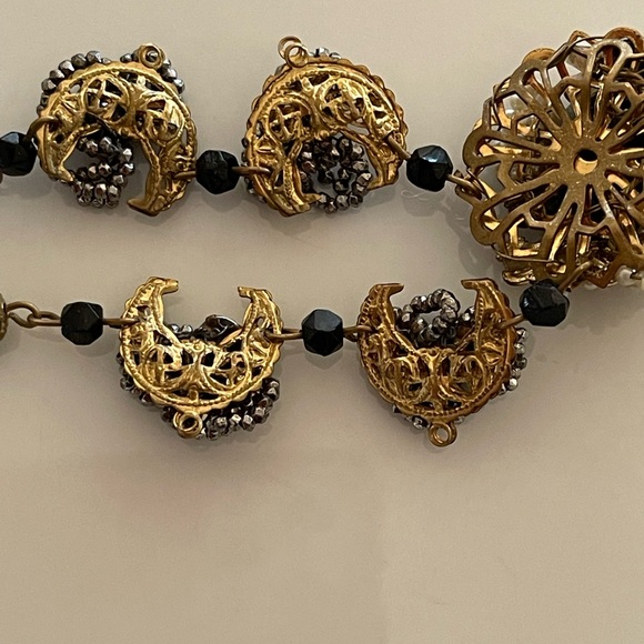 Haskell Diamonte Pearl Gold Filigree Black Pendant Signed Vintage Necklace - Picture 8 of 14